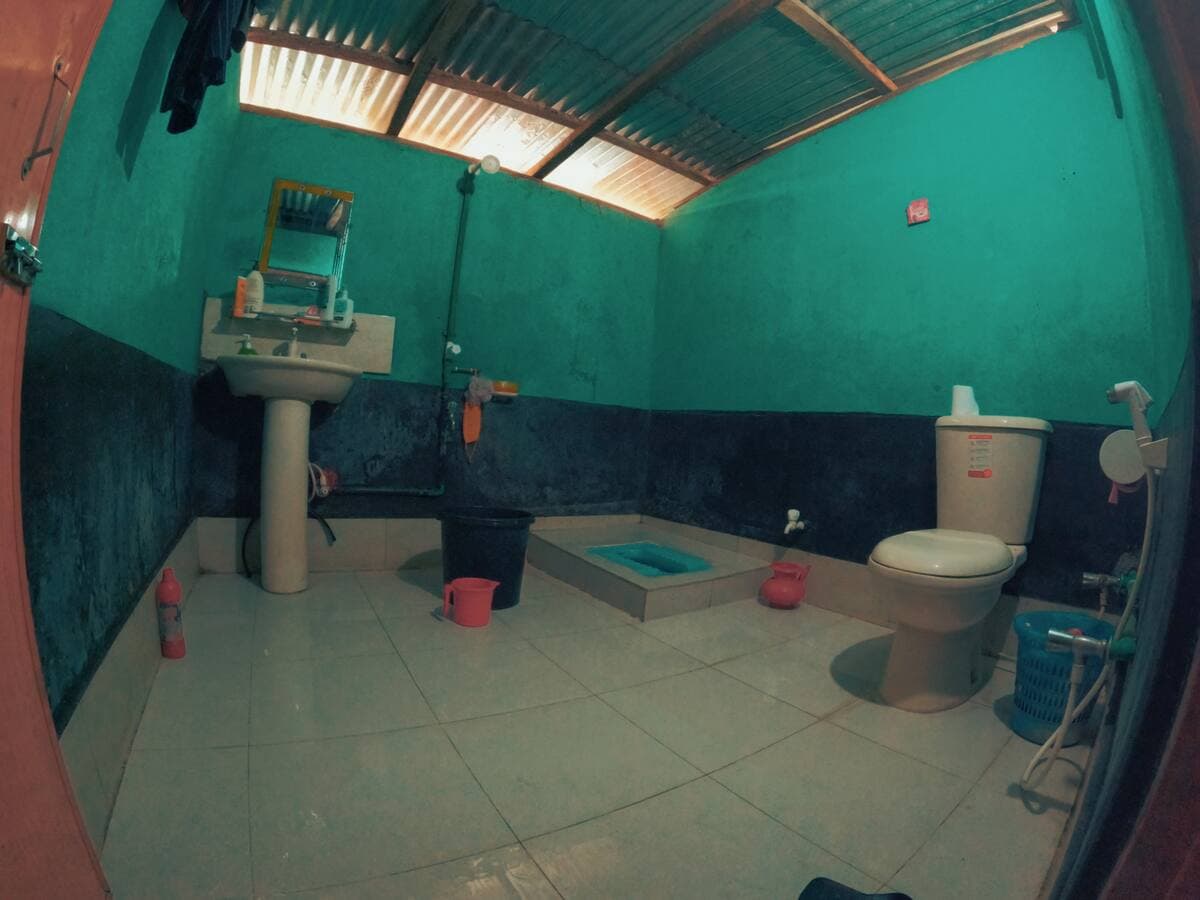 Tiled bathroom with teal upper walls under a corrugated tin roof, a pedestal sink and mirror, a floor-level squat pan, and a Western-style toilet with a bidet spray