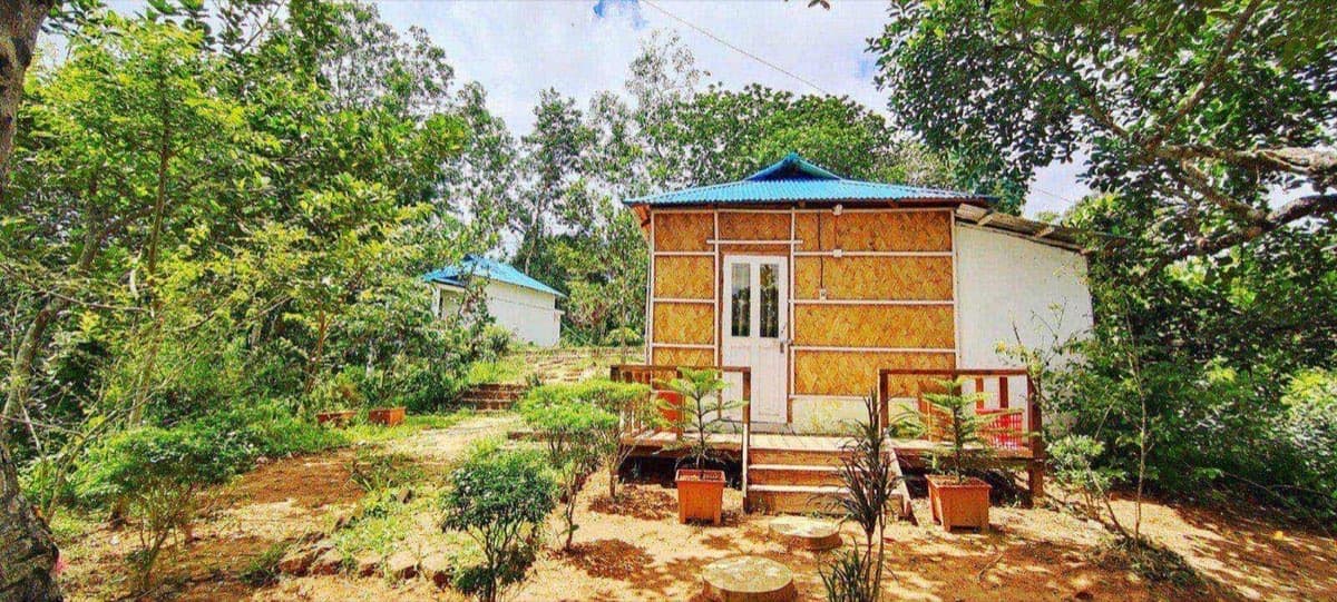 A cottage with a blue roof at Dolubari Eco Resort surrounded by forest