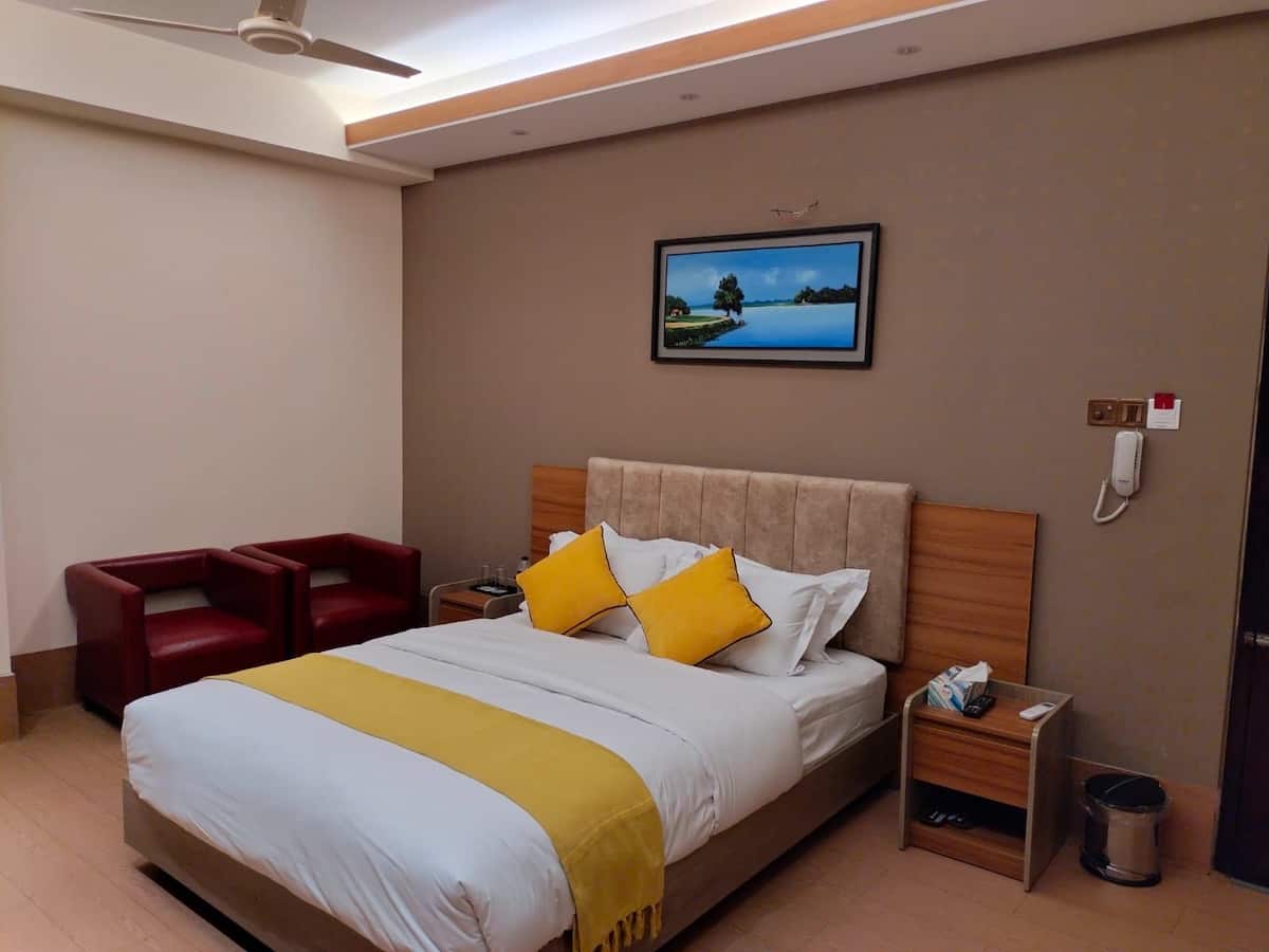 Hotel Taj Metro double room with a queen bed, yellow accent pillows, and a lakeside landscape painting