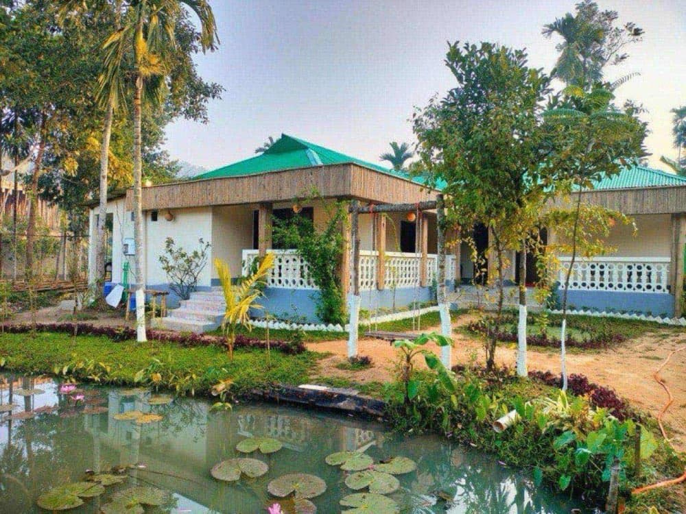Jolpod Retreat's cottage with a green roof beside a lily pond
