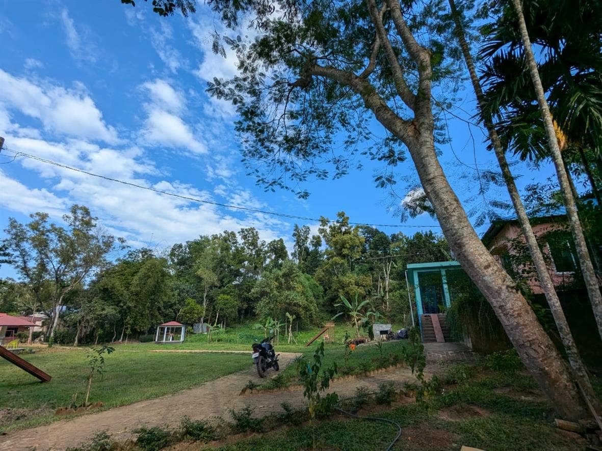 Daytime view across the resort's grounds along a dirt path lined with brick edging, with the pink and turquoise-trimmed cottage visible at right and a motorcycle parked on the path
