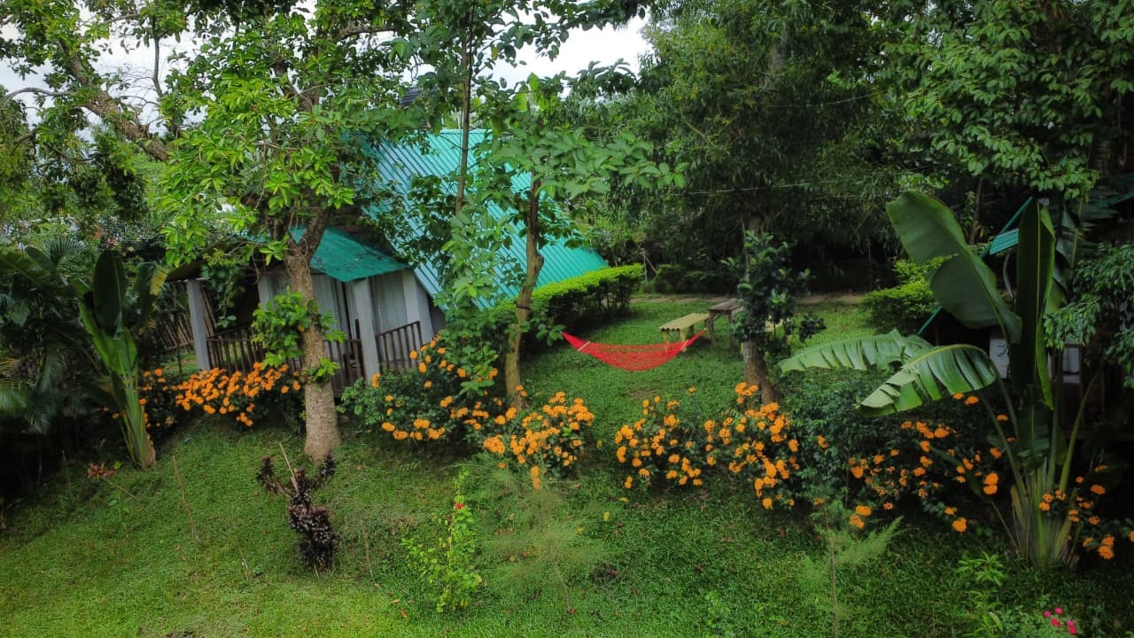 A turquoise-roofed cottage at Nirjon Nature's Hideout seen through a flowering garden, with a hammock strung between trees