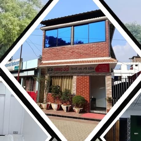 Exterior of Sonar Tori Resort & Guest House, a two-storey brick building with the সোনার তরী signboard and potted plants at the entrance
