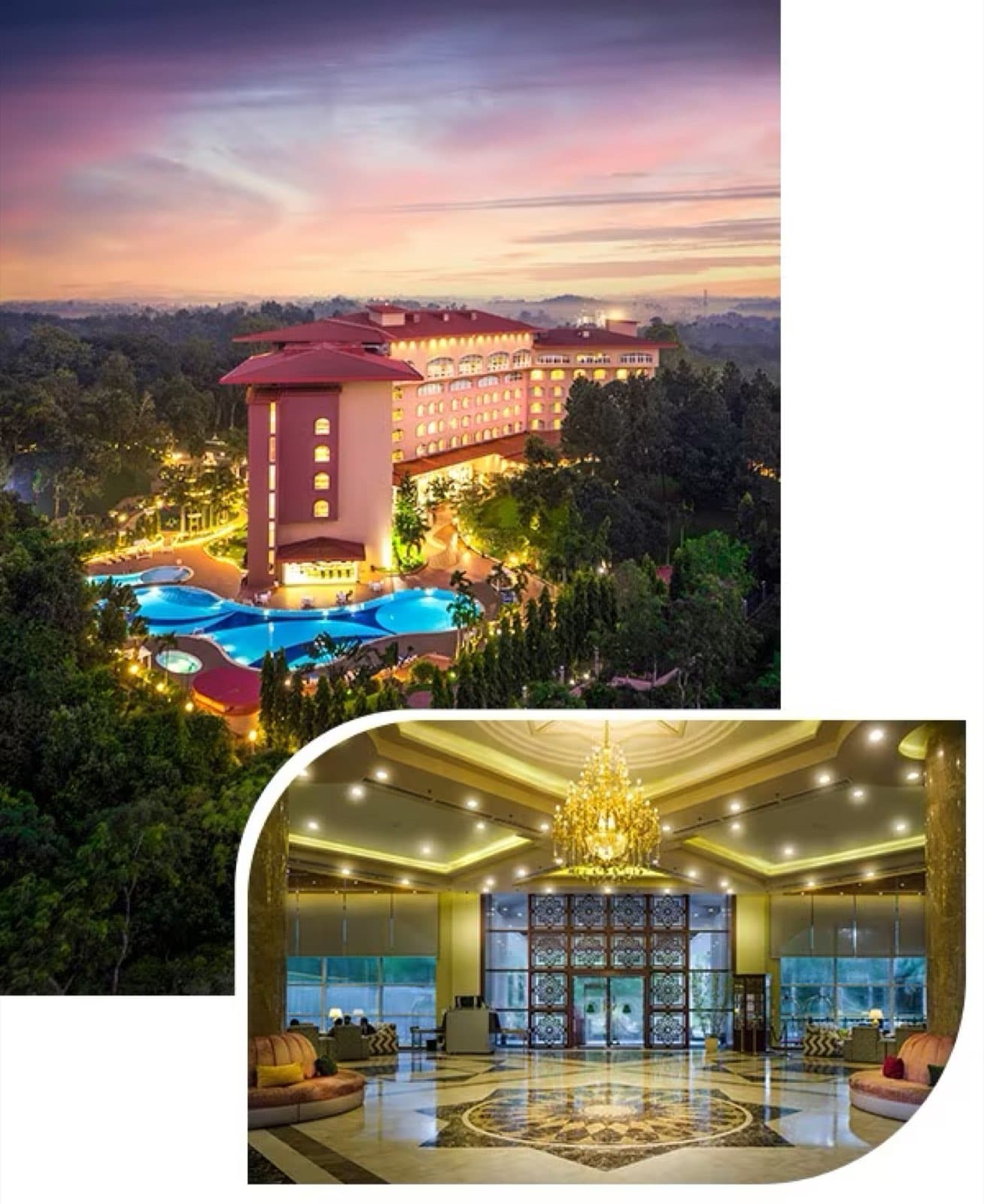 Grand Sultan Tea Resort & Golf's main building lit up at dusk beside its pool