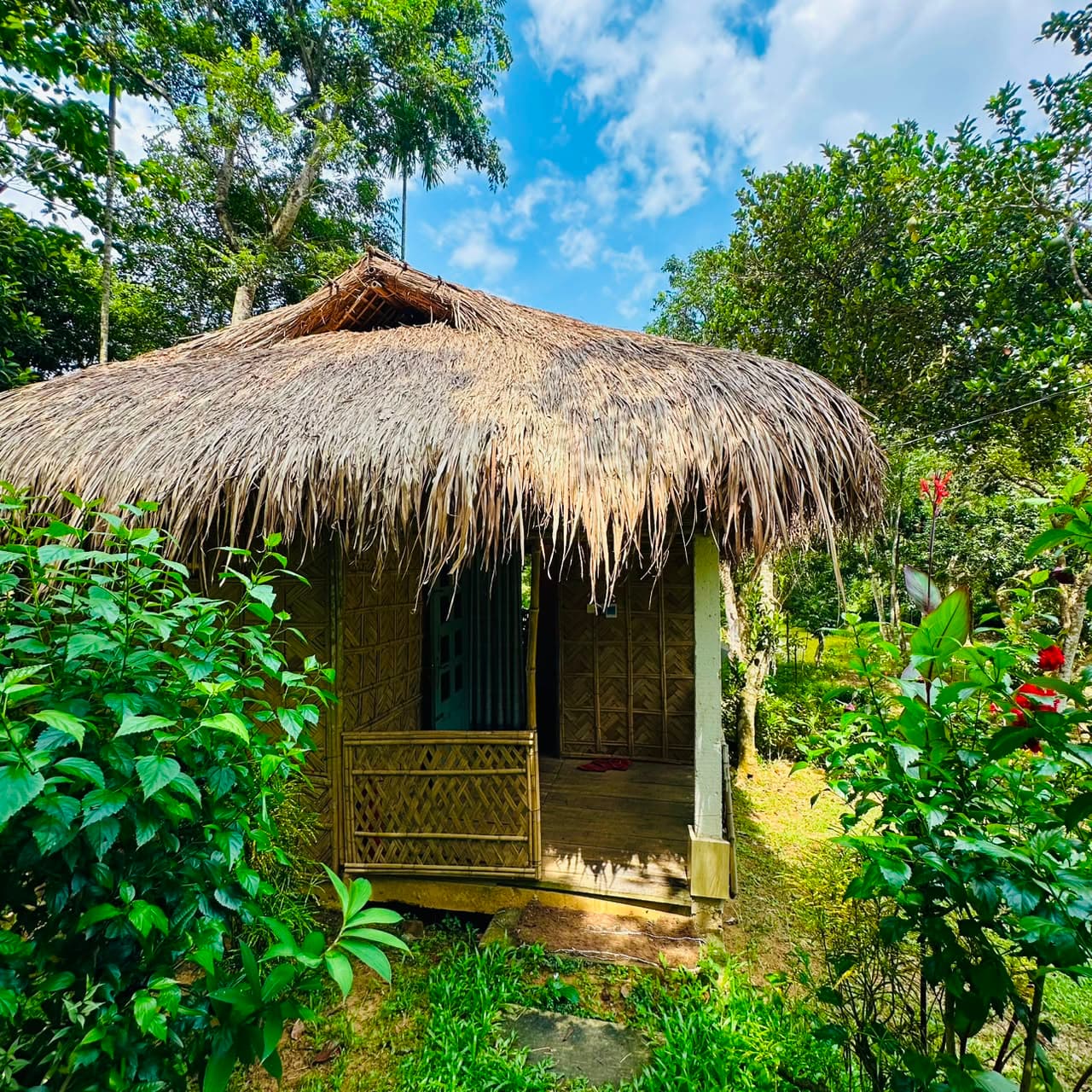 The Doyel Couple Cottage at Litchibari Eco Resort, a bamboo-woven hut with a thatched roof and small porch